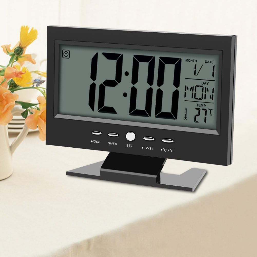 Electric Alarm Clock, LCD Display Digital Smart Nightlight Sound Sensor Table Desk Alarm Clock