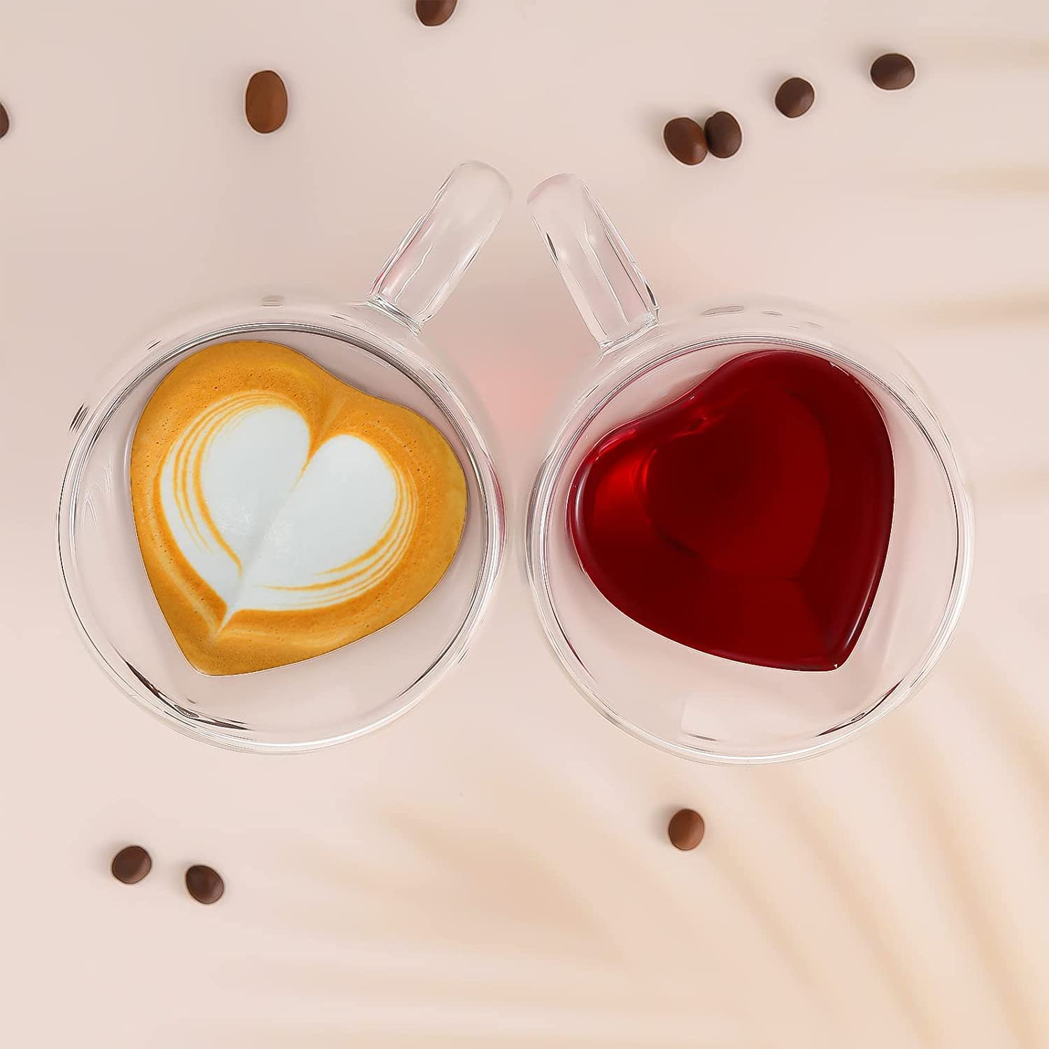 Premium Classic Heart Shaped Transparent Double Walled Insulated Glass Coffee Mugs or Tea cups With Unique Handel (Heart,2) 250ml
