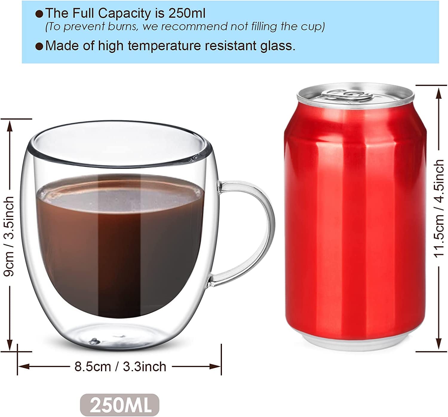 Coffee Mugs Set of 1 ,Double Wall Insulated Mug Set with Handel,clear Glass Expresso mugs for Latte, cappuccino, Tea Bag, Hot and Cold Beverages 100 ml (2)