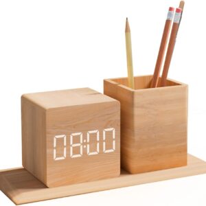 Wooden Digital Time Display Alarm Clock With Pen Holder