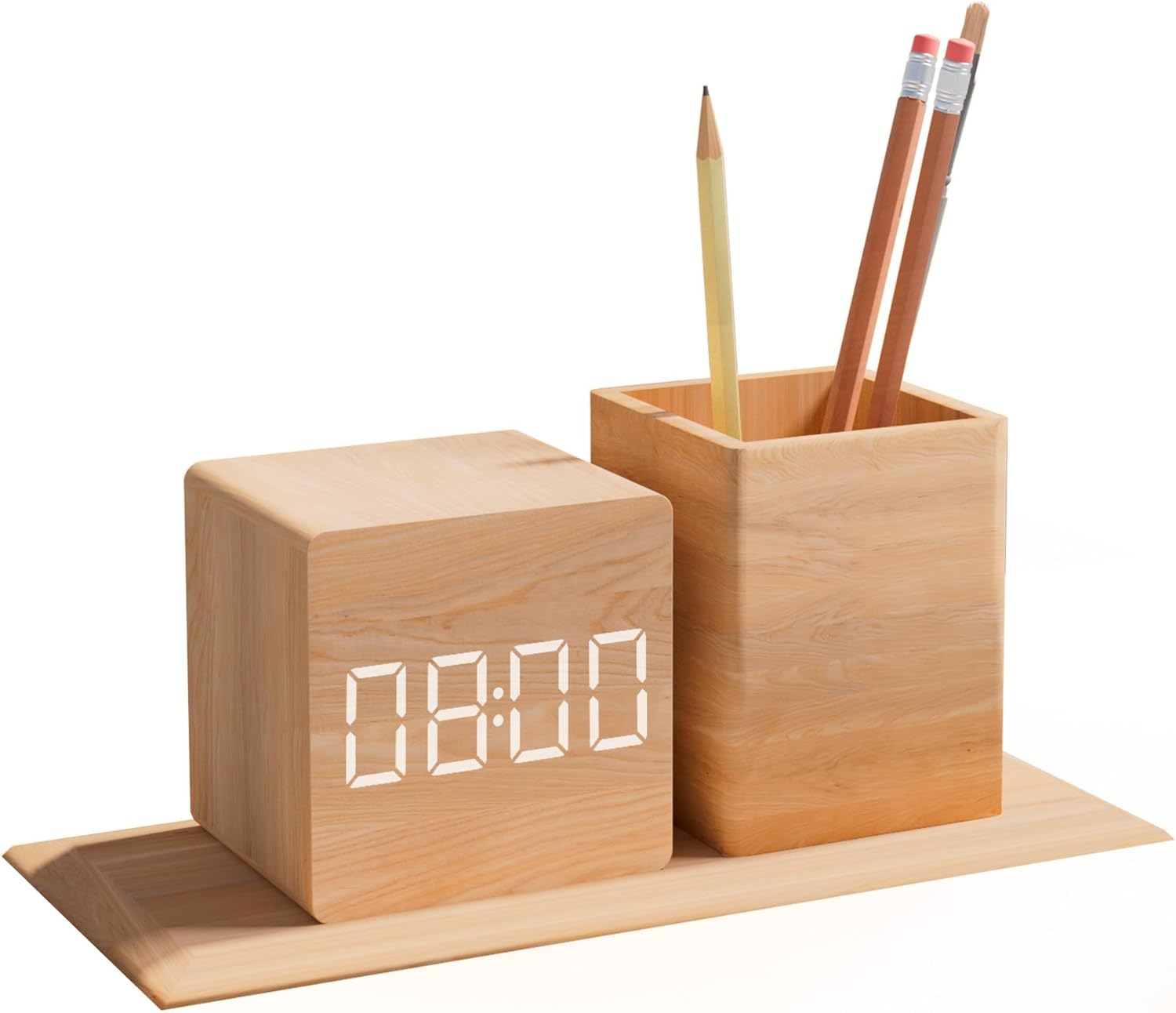Wooden Digital Time Display Alarm Clock With Pen Holder