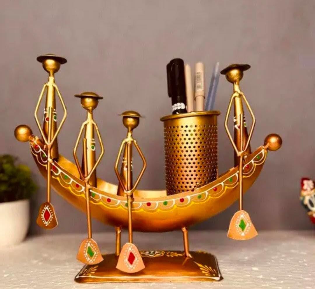Metal / Iron Antique Golden Decorative Chakus Boat shap pen Pencil Stand Showpiece for Office nd Home Decor