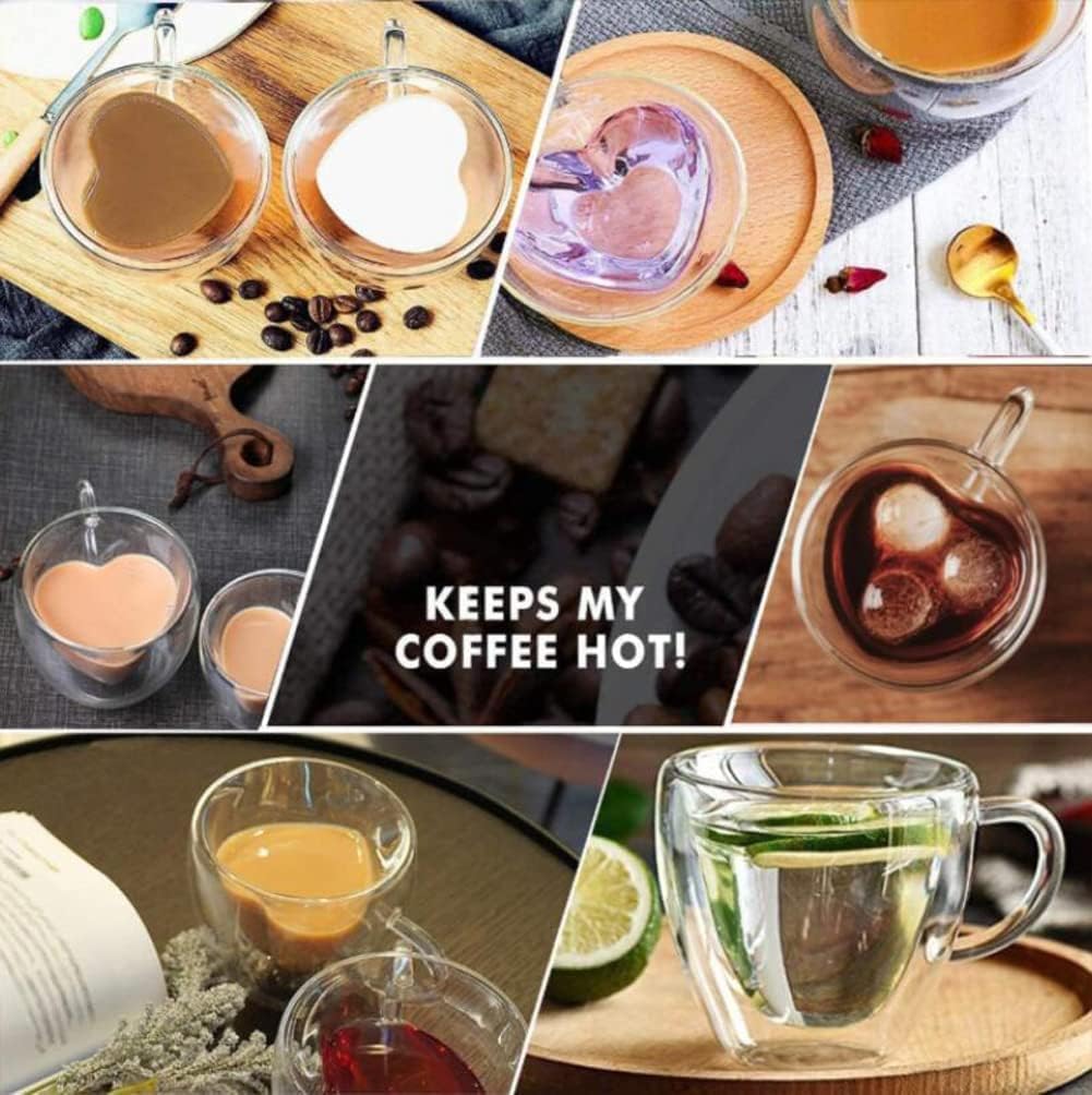 Premium Classic Heart Shaped Transparent Double Walled Insulated Glass Coffee Mugs or Tea cups With Unique Handel (Heart,2) 250ml