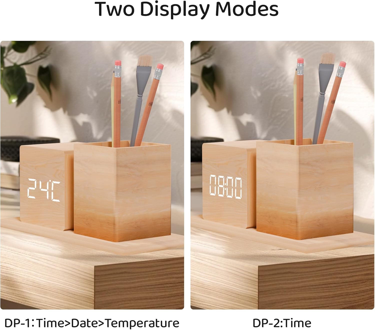 Wooden Digital Time Display Alarm Clock With Pen Holder