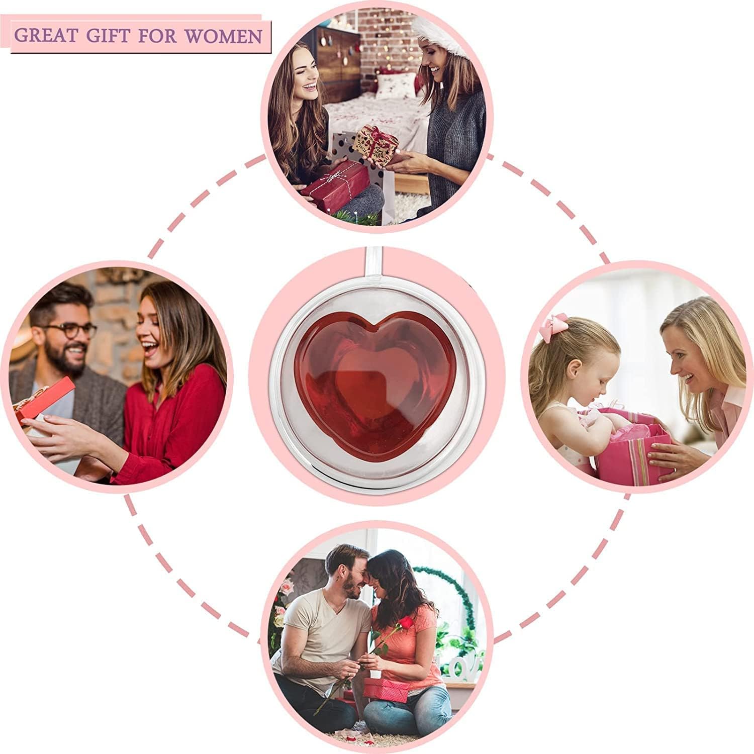 Premium Classic Heart Shaped Transparent Double Walled Insulated Glass Coffee Mugs or Tea cups With Unique Handel (Heart,2) 250ml
