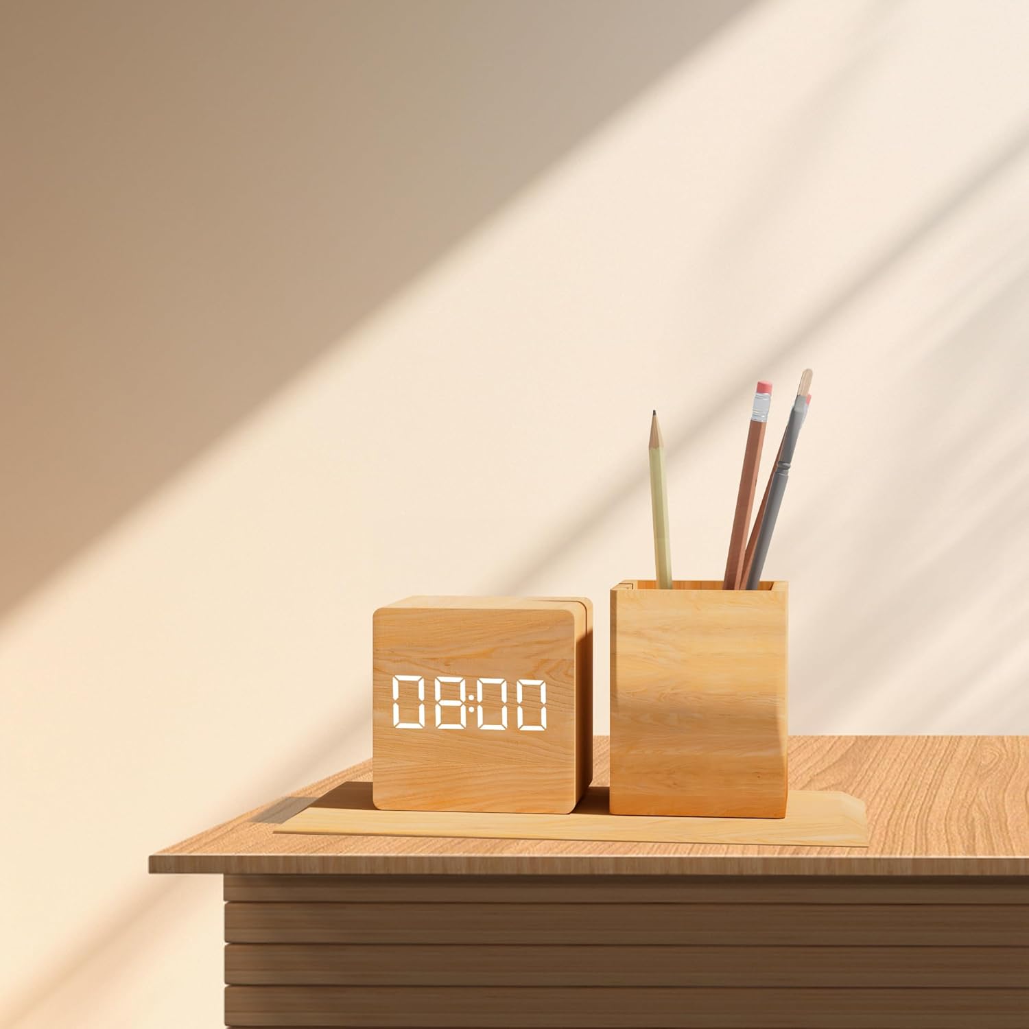 Wooden Digital Time Display Alarm Clock With Pen Holder