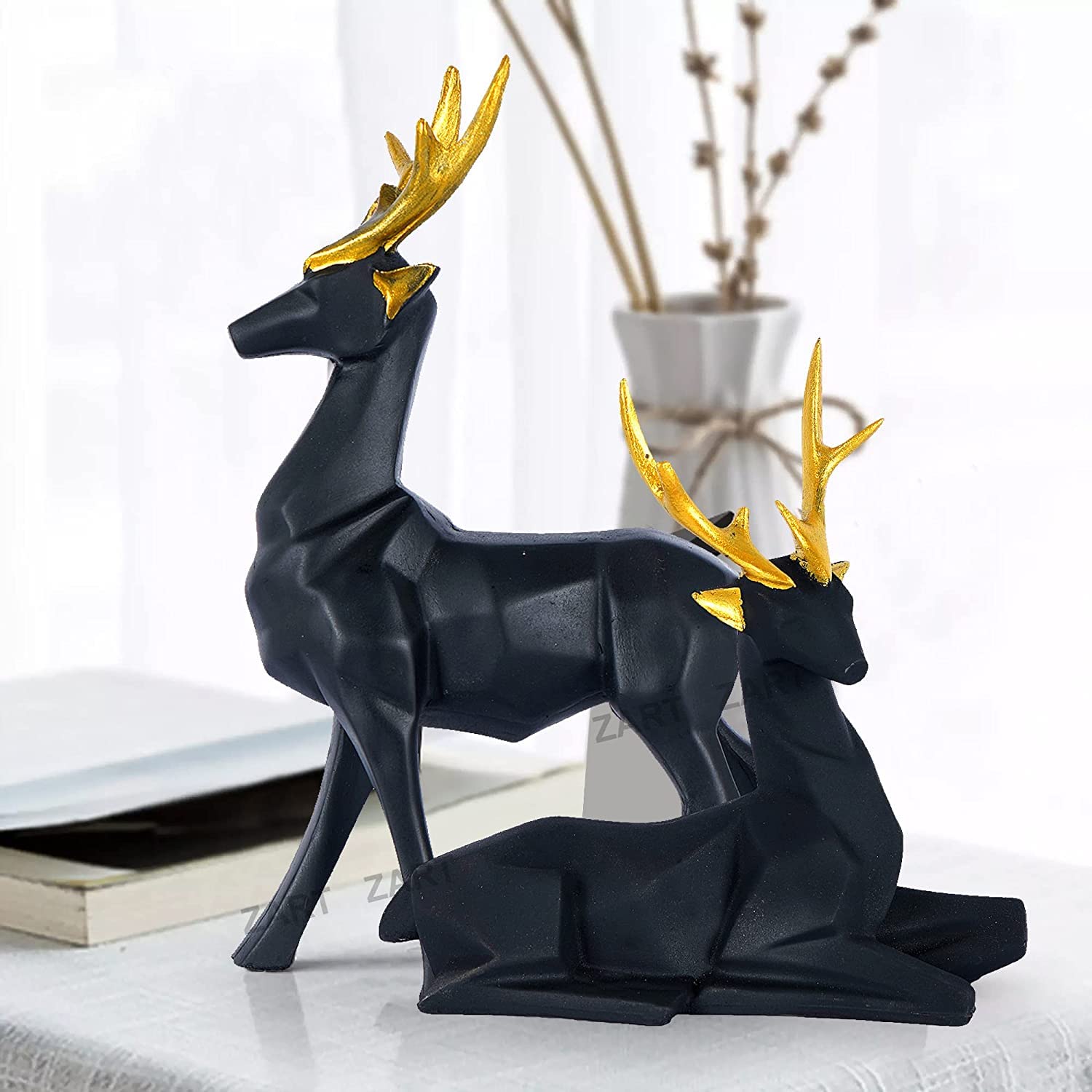 Resin Black Deer ,Showpiece for Home & Office Decor Set of 2 Different Size