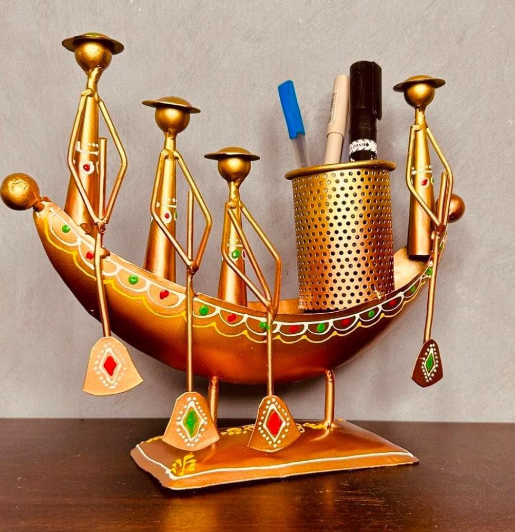 Metal / Iron Antique Golden Decorative Chakus Boat shap pen Pencil Stand Showpiece for Office nd Home Decor