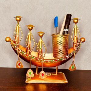 Metal / Iron Antique Golden Decorative Chakus Boat shap pen Pencil Stand Showpiece for Office nd Home Decor