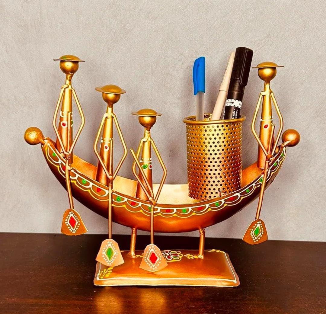 Metal / Iron Antique Golden Decorative Chakus Boat shap pen Pencil Stand Showpiece for Office nd Home Decor