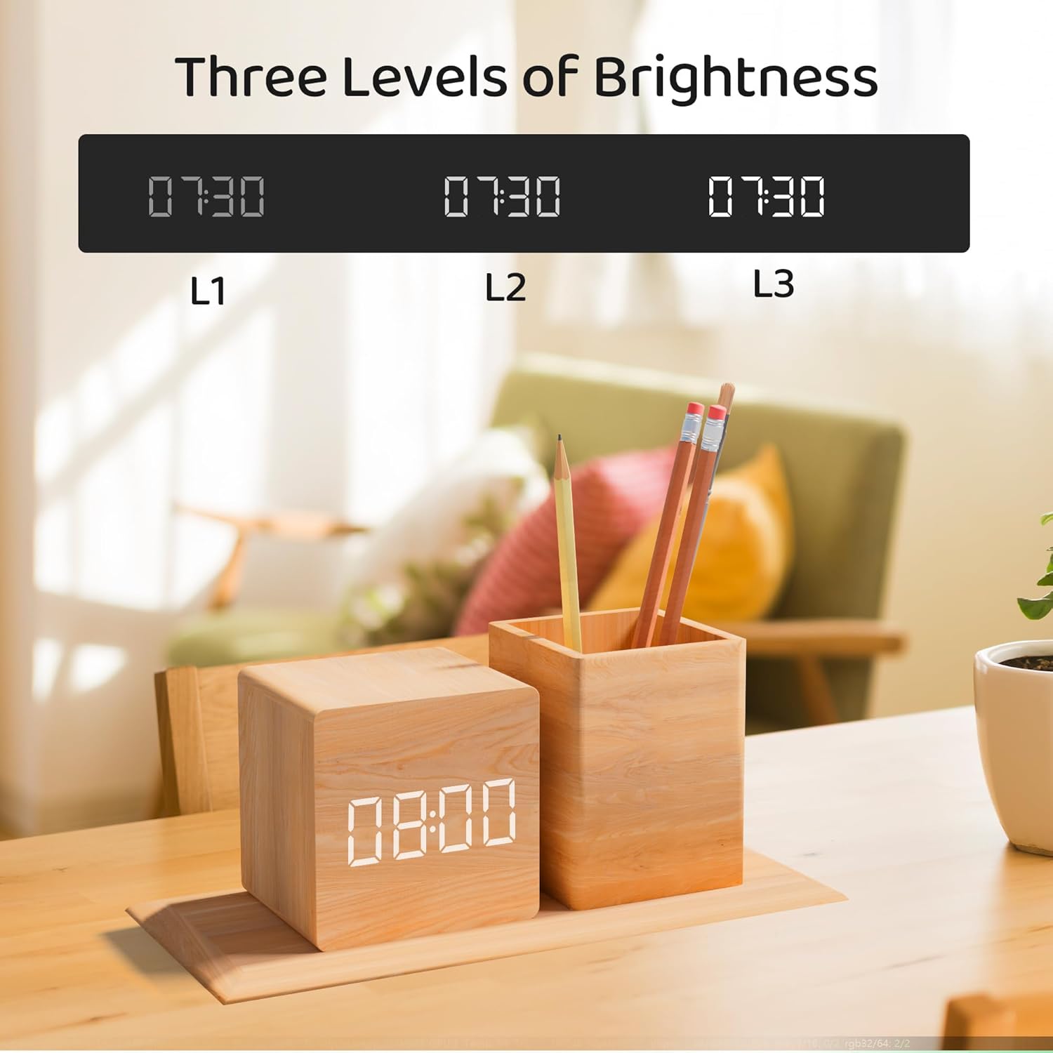 Wooden Digital Time Display Alarm Clock With Pen Holder