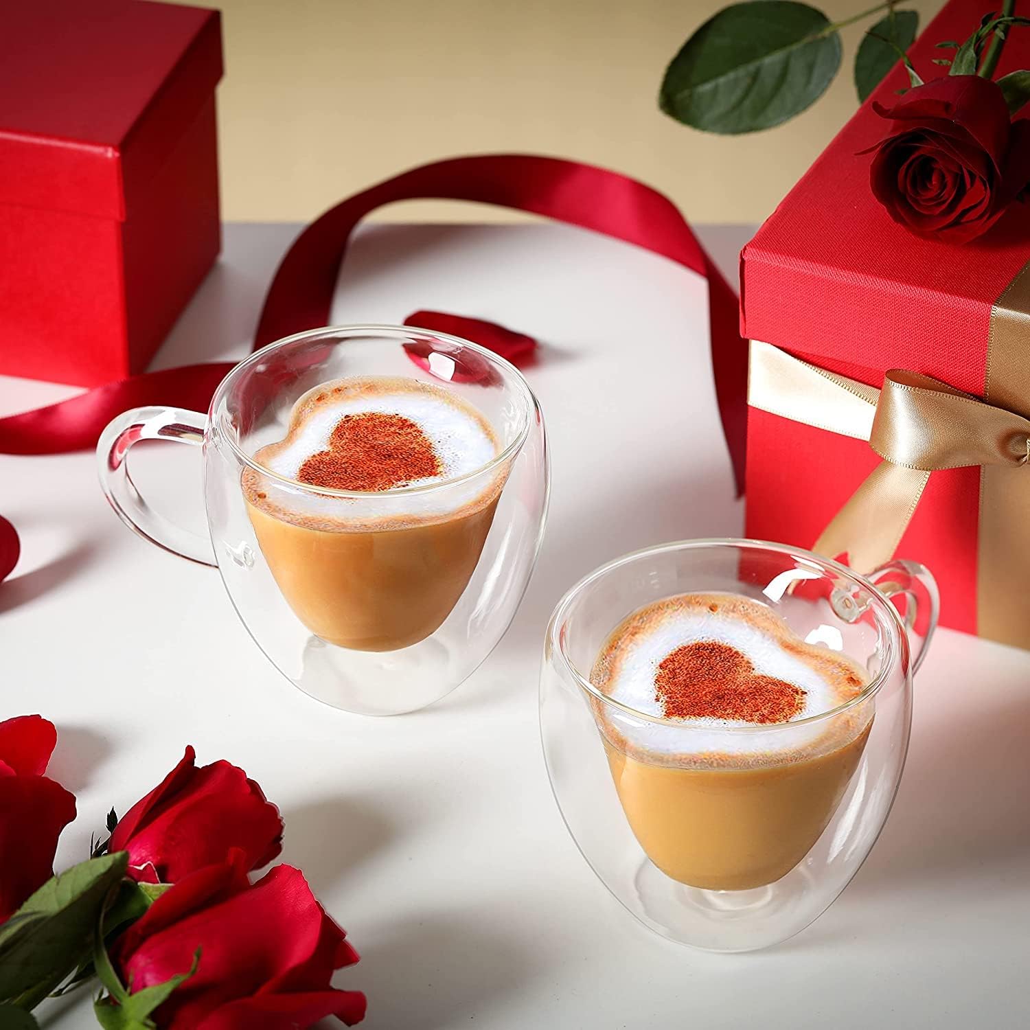 Premium Classic Heart Shaped Transparent Double Walled Insulated Glass Coffee Mugs or Tea cups With Unique Handel (Heart,2) 250ml