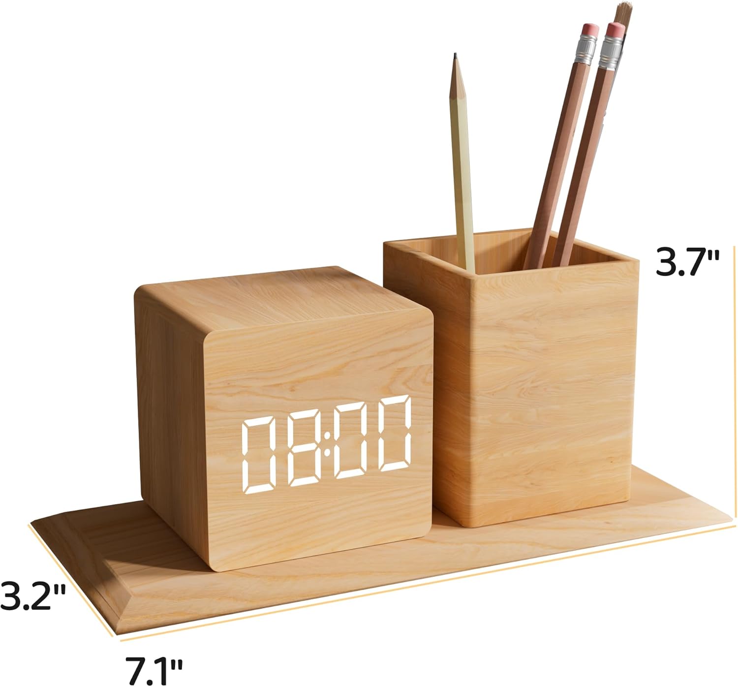 Wooden Digital Time Display Alarm Clock With Pen Holder