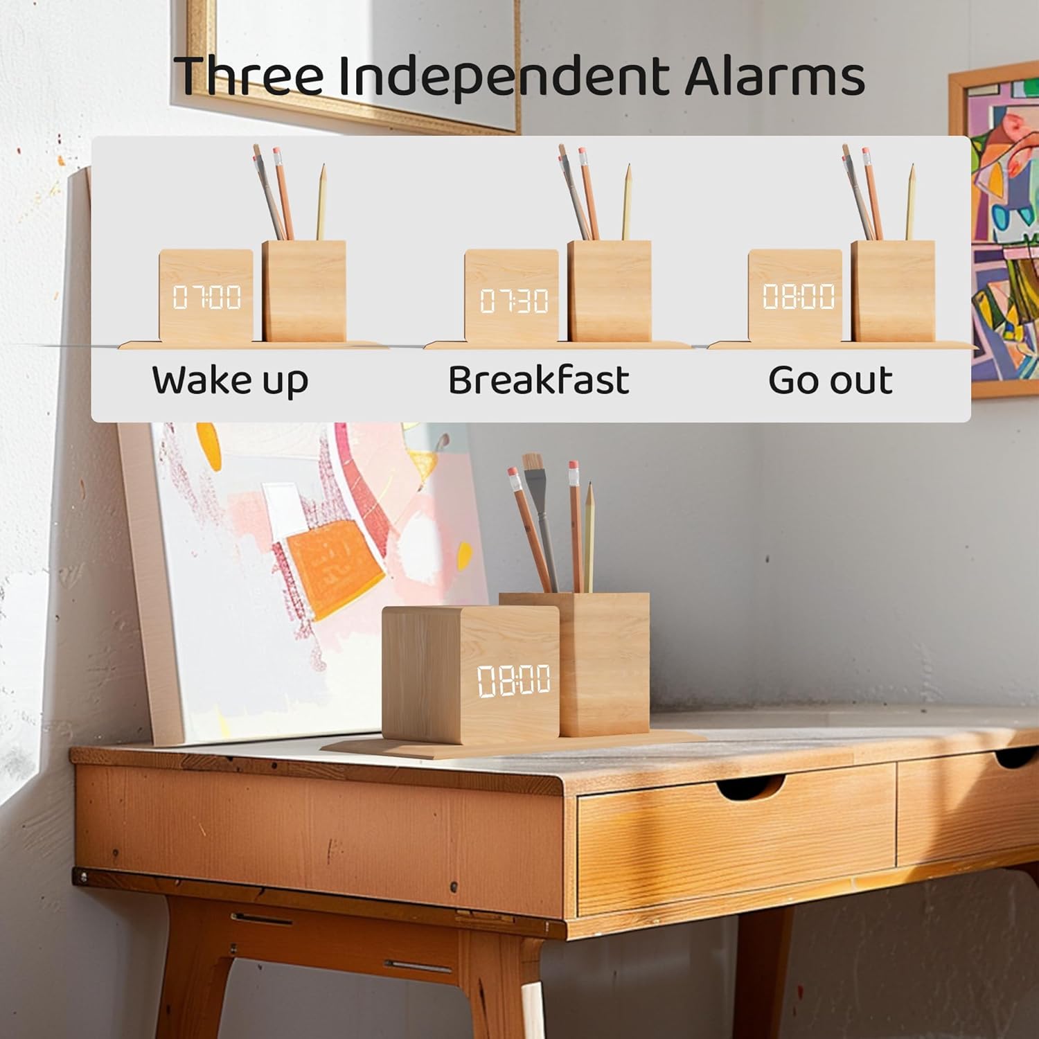 Wooden Digital Time Display Alarm Clock With Pen Holder