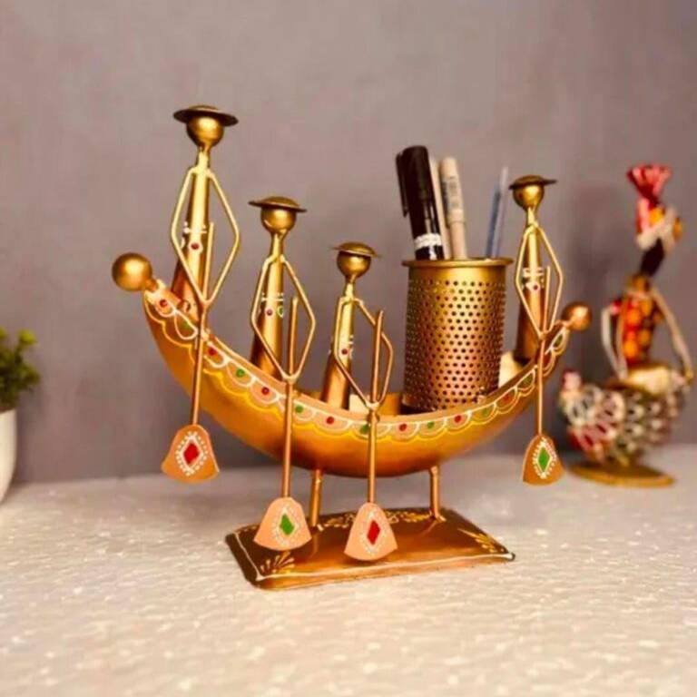 Metal / Iron Antique Golden Decorative Chakus Boat shap pen Pencil Stand Showpiece for Office nd Home Decor