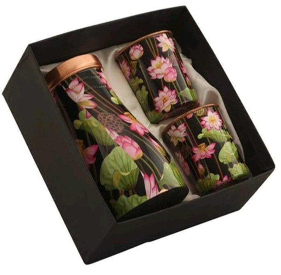 Lotus Field Cooper Water Jar Bottle With Two Glass Set