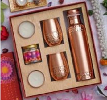 Copper Water Bottle With Two Copper Glass Metal Candle n Dry fruits Jar