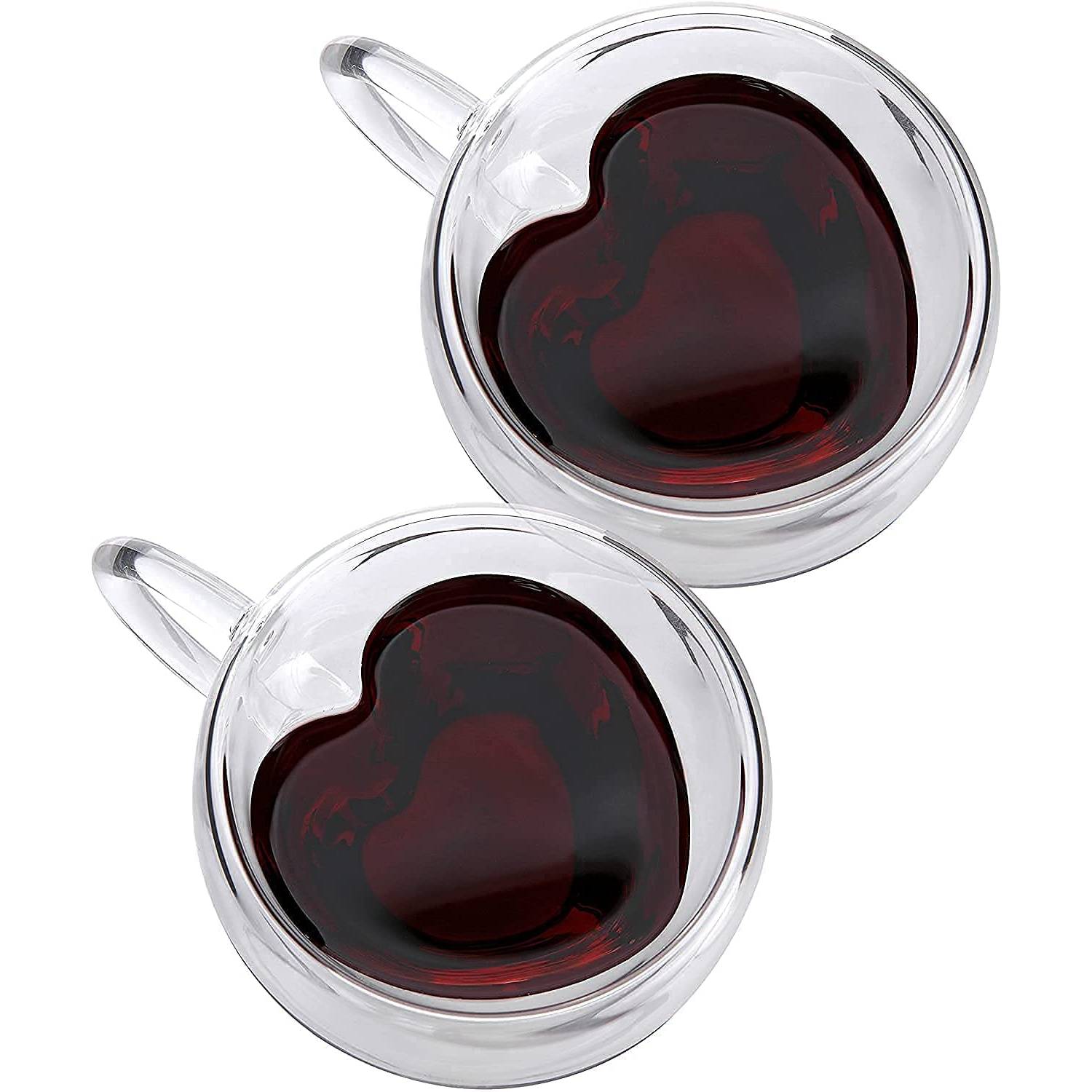 Premium Classic Heart Shaped Transparent Double Walled Insulated Glass Coffee Mugs or Tea cups With Unique Handel (Heart,2) 250ml