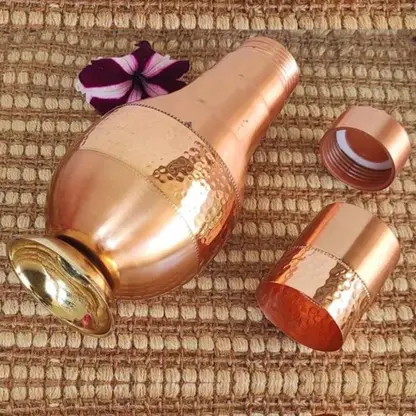 Pure Copper Beside Bottle Hammered Degine With Inbuilt Glass Water Storage Purpose