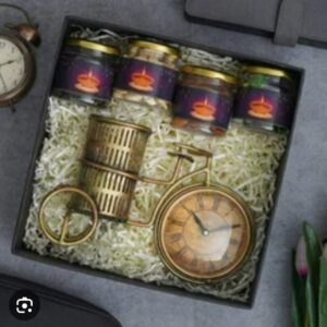 Metal clock Pen Stand With Dry Fruits, Elegant Desk Organizer
