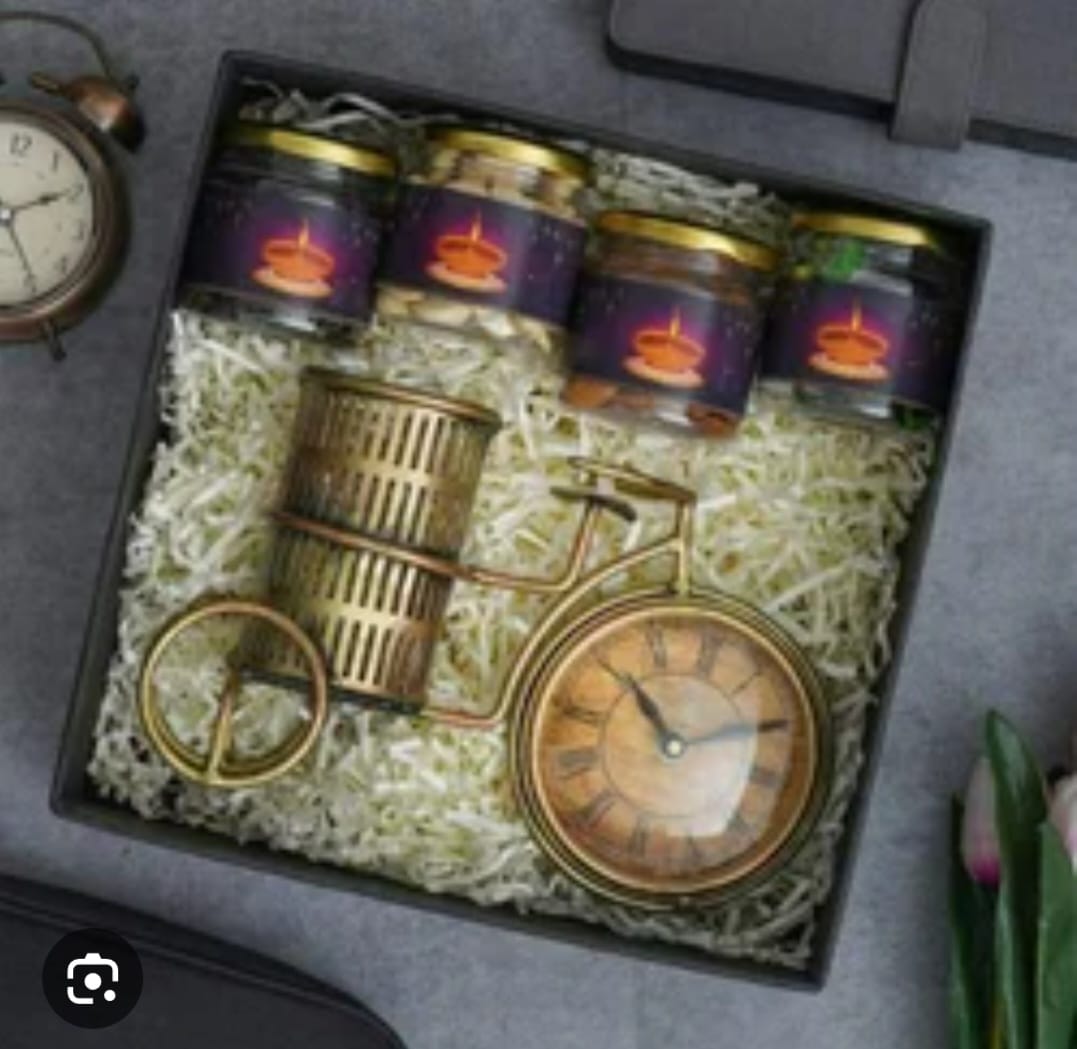 Metal clock Pen Stand With Dry Fruits, Elegant Desk Organizer