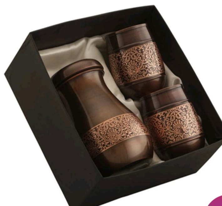 Antique Copper Matka shape Water Bottle with Two Glasses Gift set